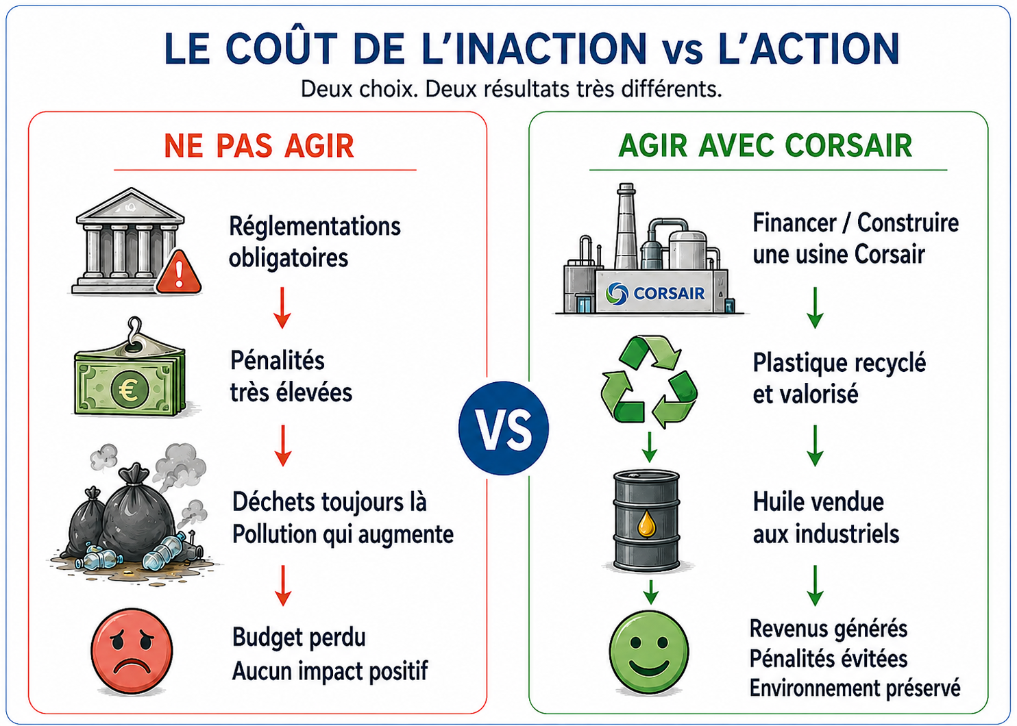 Schéma comparant le coût de l’inaction — pénalités et pollution — au bénéfice de l’action : recyclage, revenus et environnement protégé.