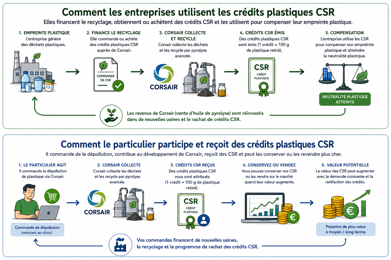 Schéma du cycle des crédits plastiques CSR, de la dépollution du plastique à l’émission et à l’utilisation des crédits.