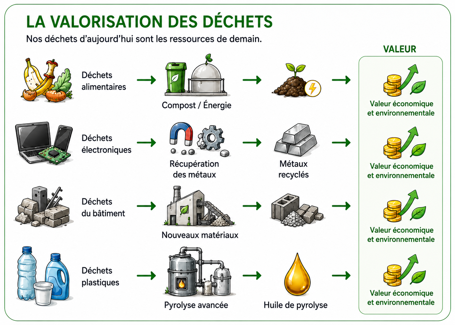Schéma de la valorisation des déchets : les matières jetées redeviennent des ressources, de l’énergie et de la valeur économique.